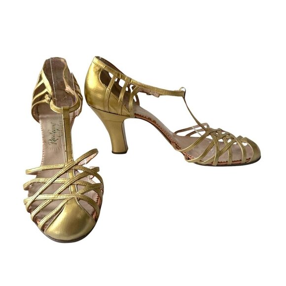Vintage 1940s Gold T-Strap Flapper Heels by Radiant Styles – Mid Century Glamour - Picture 1 of 14